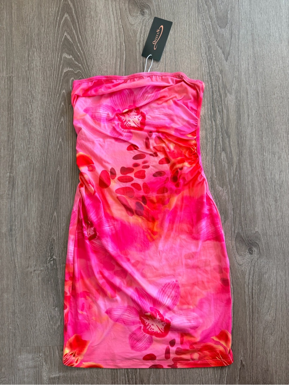 Strapless Pink Floral Mesh Bodycon Dress